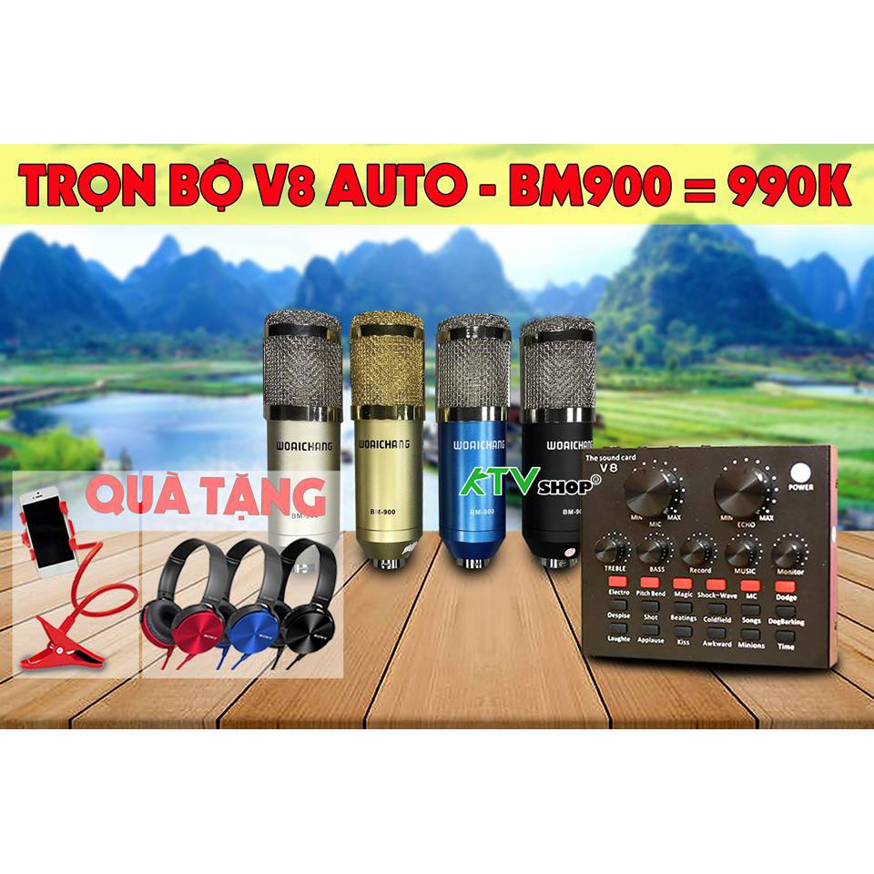 Bộ Mic Thu Âm M-900 Sound Card V8 ,Tặng Kèm Tai Nghe Sony