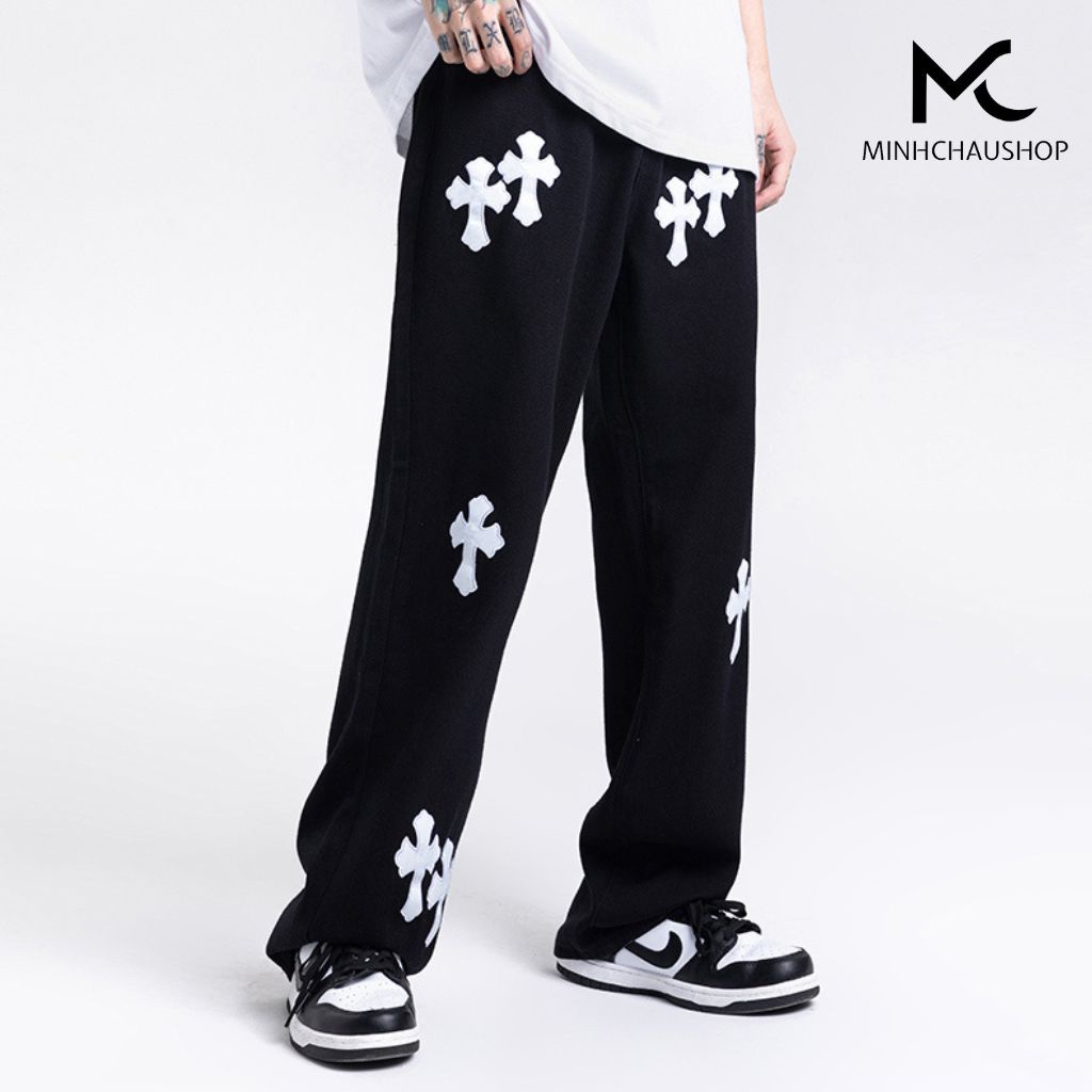 Quần jean nam ống rộng SANMINHCHAU quần kaki nam dáng suông thêu chữ thập phong cách hàn quốc QD26