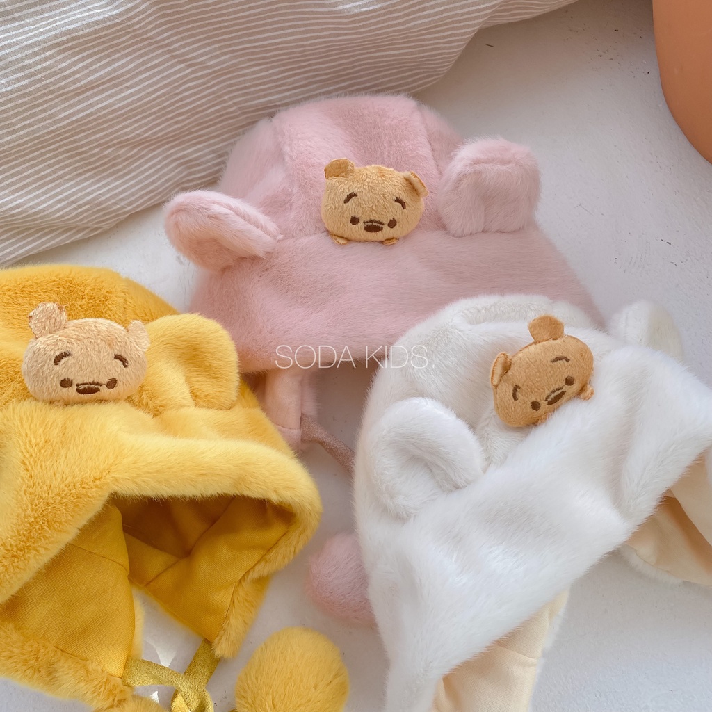 Mũ lông gấu pooh cục bông cho bé 3 màu (Ảnh thật)