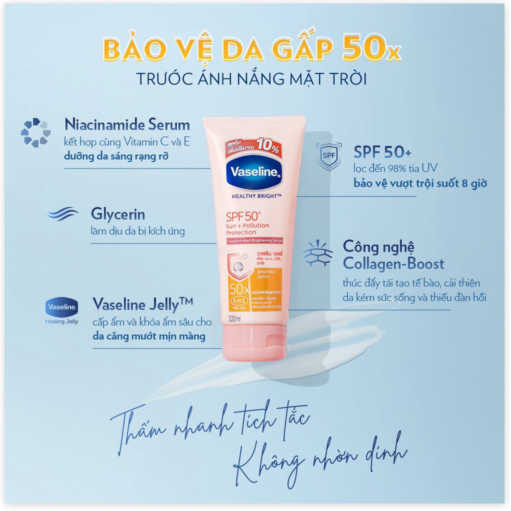 [Mã chiết khấu giảm giá sỉ mỹ phẩm chính hãng] Vaseline 50x Serum chống nắng cơ thể SPF50 + dưỡng da sáng khoẻ 320ML