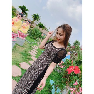 Áo dài đen hoa nhí tay phồng cổ vuông - ánh ngọc