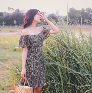 Đầm hoa bẹt vai (2 MÀU)