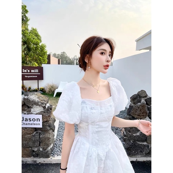 Váy đầm dạo phố chất ren hoa nổi cao cấp V04