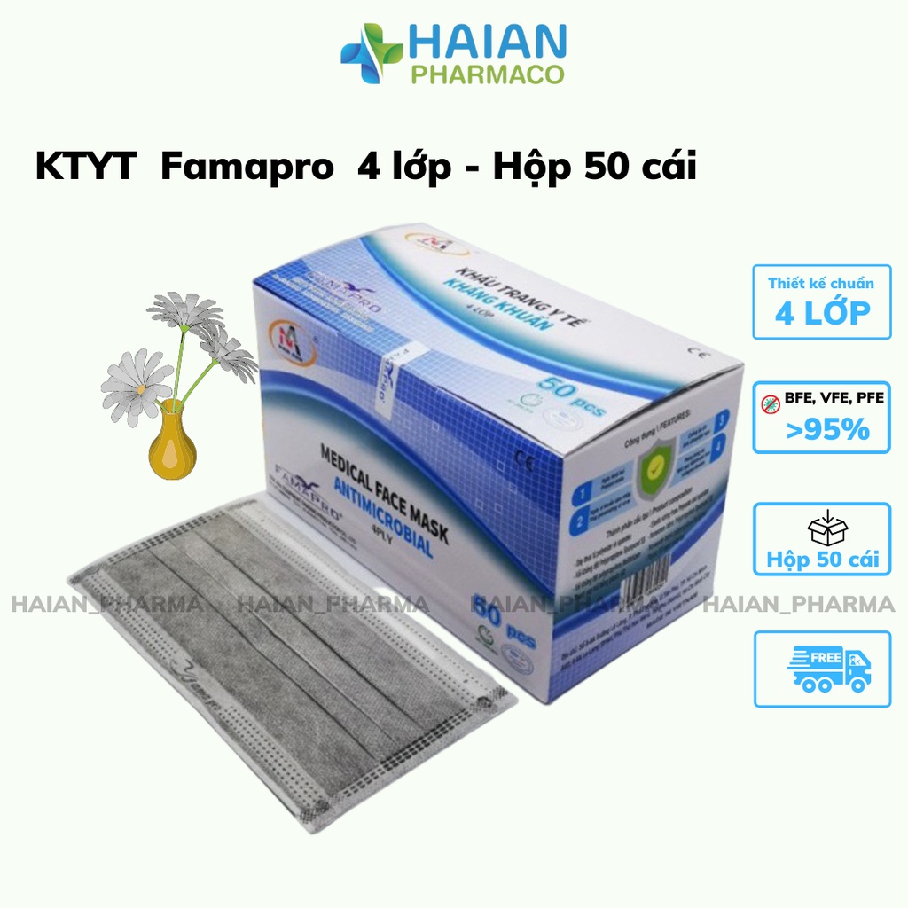 Khẩu trang Y Tế FAMAPRO 4 lớp Kháng Khuẩn Hộp 50 cái