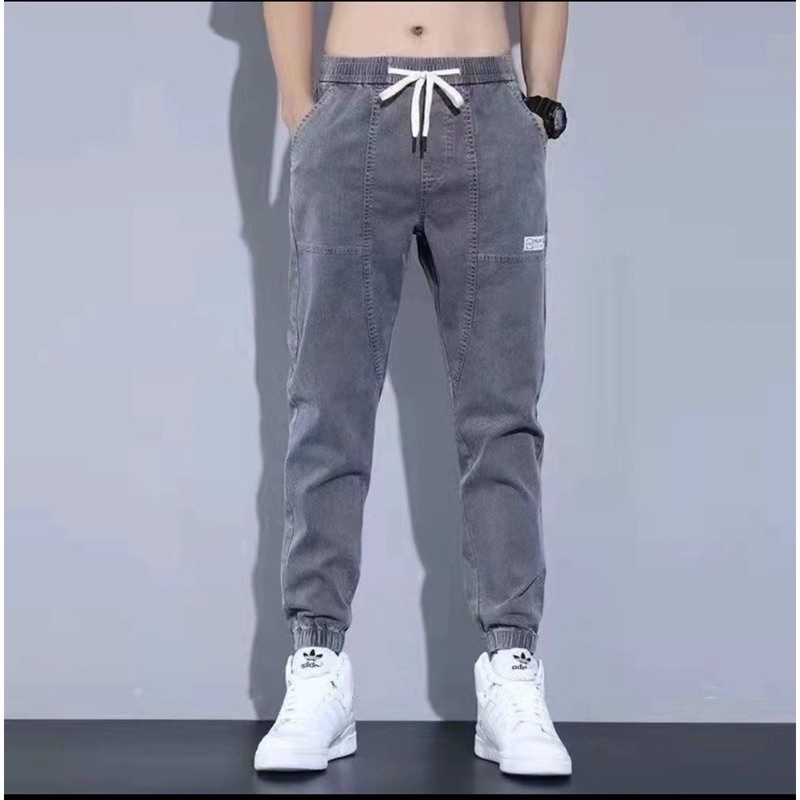 Quần jogger jean bò chun gấu 2 màu xanh xám basic phong cách Hàn Quốc đủ size nam 28-32