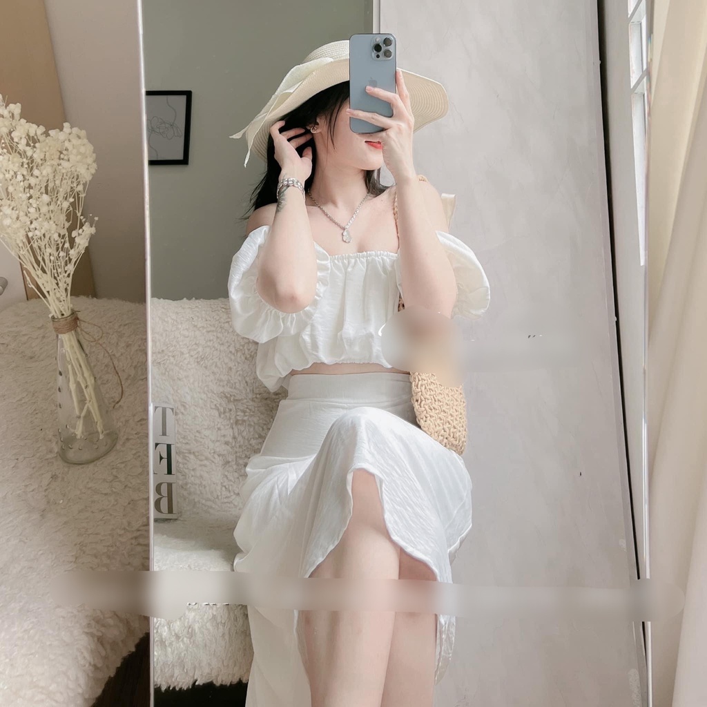 Set croptop chân váy áo trễ vai tay bồng trắng NN329