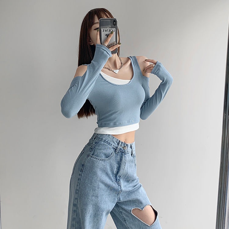 Áo Kiểu Tay Dài Hở Vai Giả Hai Lớp Màu Sắc Tương Phản Thời Trang Dành Cho Nữ