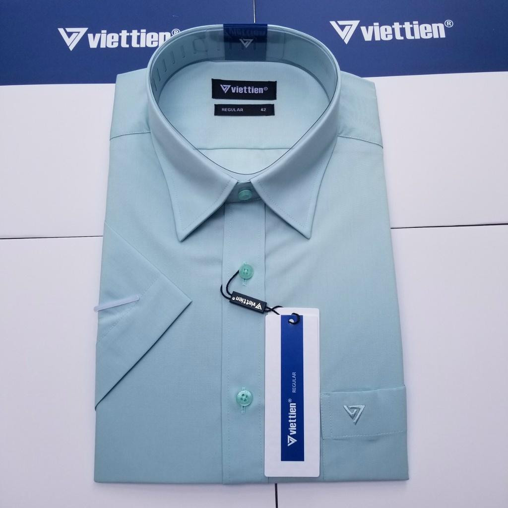 Áo sơ mi nam Việt tiến ngắn tay màu XANH NGỌC- RUBY , chính hãng , cao cấp – form suông REGULAR- tà bầu