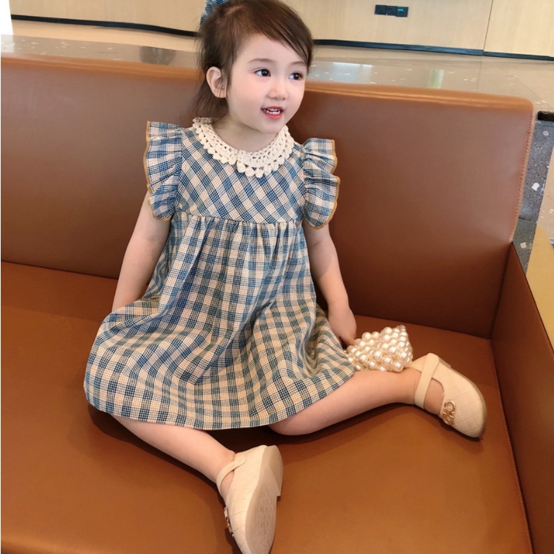 Hàng Có Sẵn Đầm Ngắn Tay Họa Tiết Ca Rô Một Mảnh Thời Trang Mùa Hè Phong Cách Hàn Quốc Cho Bé Gái