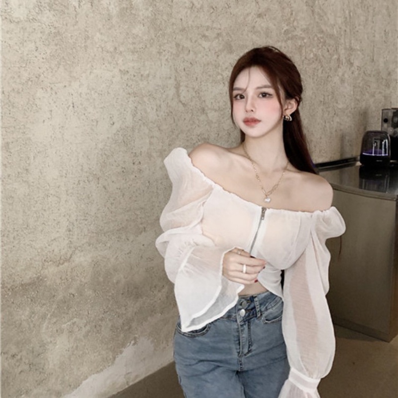 Áo chiffon IELGY tay loe có khóa kéo phong cách Pháp thời trang cho nữ