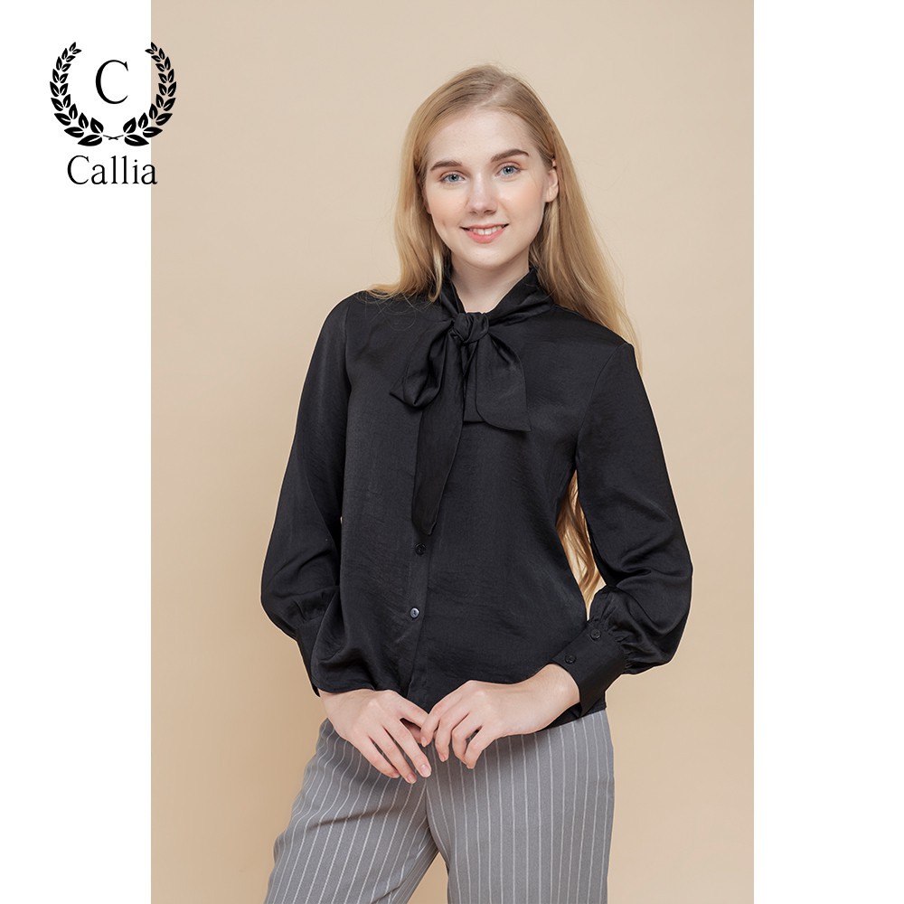Áo sơ mi nữ Callia Bowi Black cổ tròn tay dài (Đen)