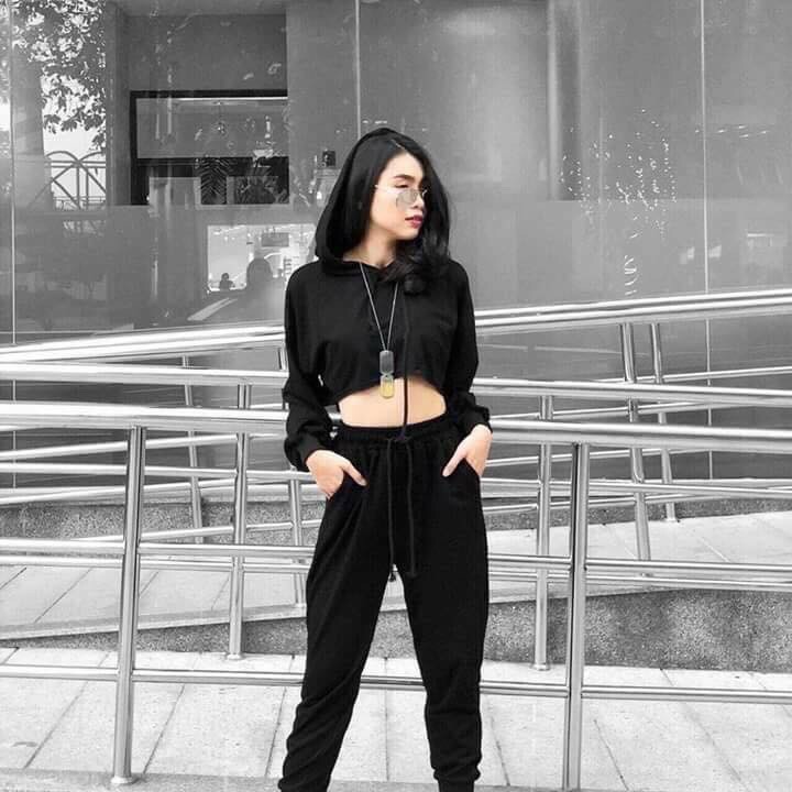 (ảnh thật ở cuối) Sporty Black : Jogger * Hoddie form lửng - S10