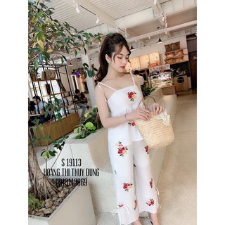 Sét Áo Hai Dây Thắc Nơ Phối Quần Ống Rộng In Hình Trái Cây Mẫu Mới TTS0567