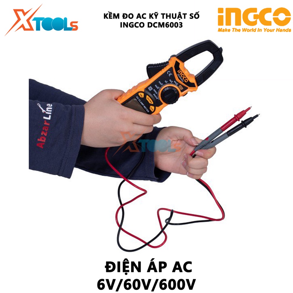 Ampe kìm đo AC kỹ thuật số INGCO DCM6003| Kềm đo AC kỹ thuật số 6000 số đếm, lưu giữ số liệu Dòng điện AC 2A/20A/200A/±(