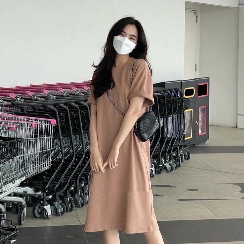 Váy dài  Đầm dáng suông màu đen trơn, thun tay lỡ bánh bèo cá tính Ulzzang