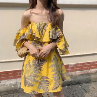 [ Sẵn V ] Đầm ulzzang trễ vai tay rơi hoạ tiết lá (có ảnh thật)