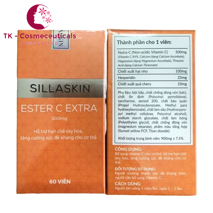 Sillaskin ESTER C EXTRA  500mg Bổ Sung Vitamin C Tăng Đề Kháng, Giúp Da Trắng Sáng Ngăn Ngừa Lão Hóa - 60v
