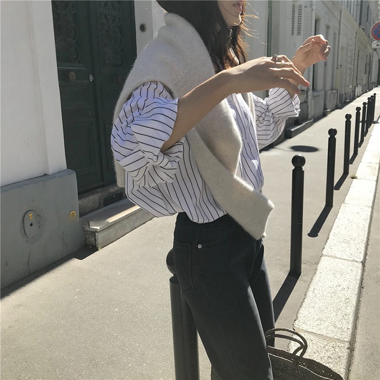 Áo sơ mi dáng rộng kẻ sọc thời trang retro Hàn Quốc cho nữ