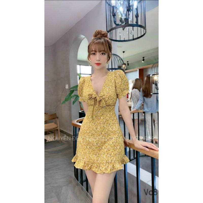 💯 Đầm nữ 👗đầm tiểu thư 👗đầm dáng xòe dáng chữ A tay phồng cổ chữ V phối nơ ngực họa tiết hoa nhí dễ thương năng động | BigBuy360 - bigbuy360.vn