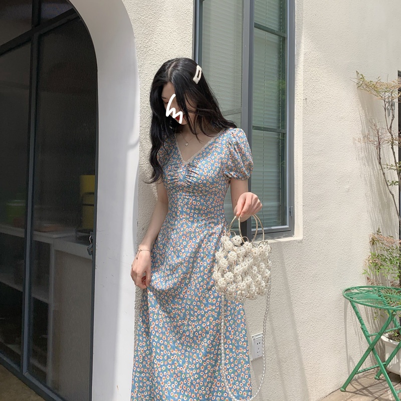 Váy Hoa Chun Eo Tay Phồng Dầm Hoa Nhí Vitage Đầm Dài Tay Ngắn Cổ Vuông In Họa Tiết Hoa Thời Trang Mùa Hè Xinh Xắn Cho Nữ