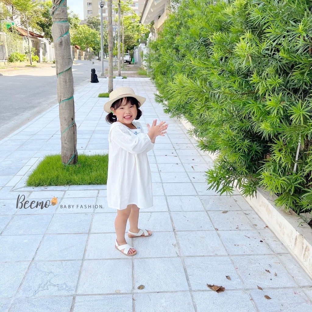 Váy đũi dài tay Beemo cổ yếm thêu hoa 2 màu xanh / trắng size 80 -130