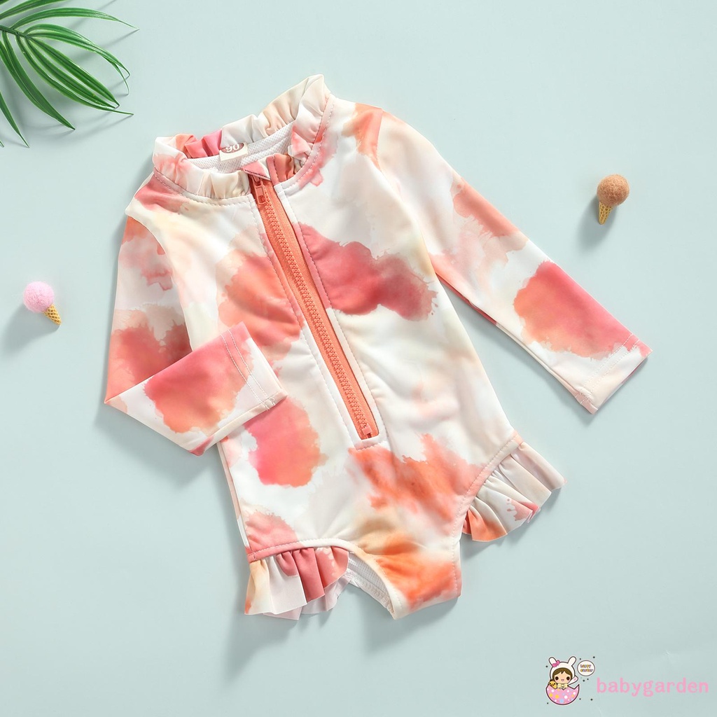 Bộ Đồ Bơi Liền Thân Tay Dài Cổ Tròn Màu Nhuộm Có Khóa Kéo Và Diềm Xếp Nếp Cho Bé Gái