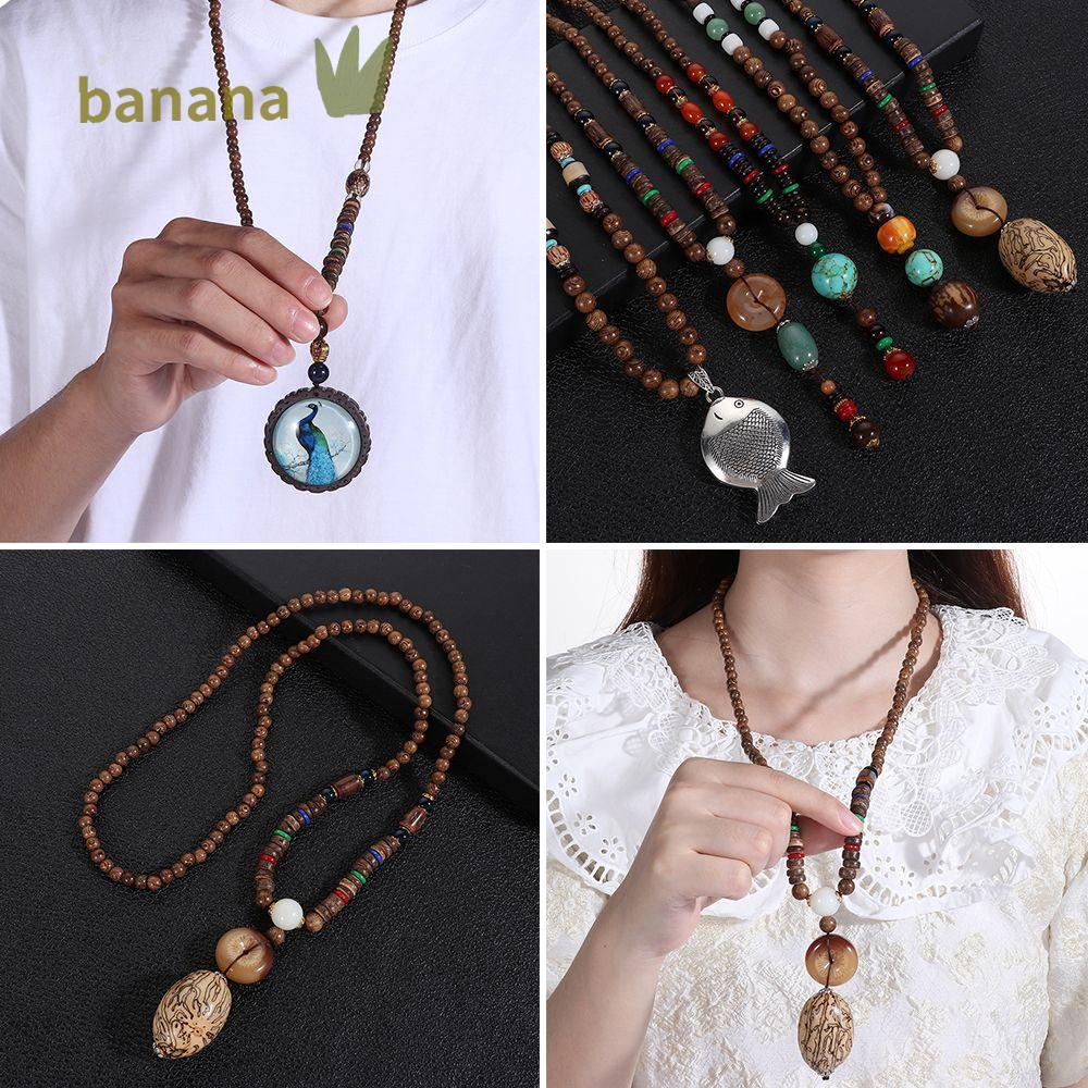 BANANA Boho Horn Fish Pendant Festival Buddhist Nepal Necklace Party Lucky Gift Ethnic Jewelry Handmade Vintage Mala Wood Bead