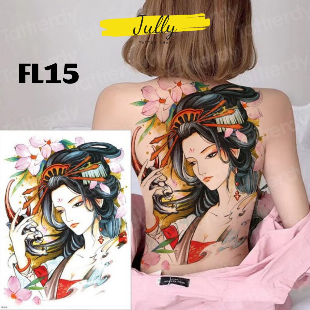 Hình xăm dán kín, full, bít lưng, xăm tạm thời chống nước cô gái nhật Geisha JULLY Tattoo chất cho cả nam và nữ