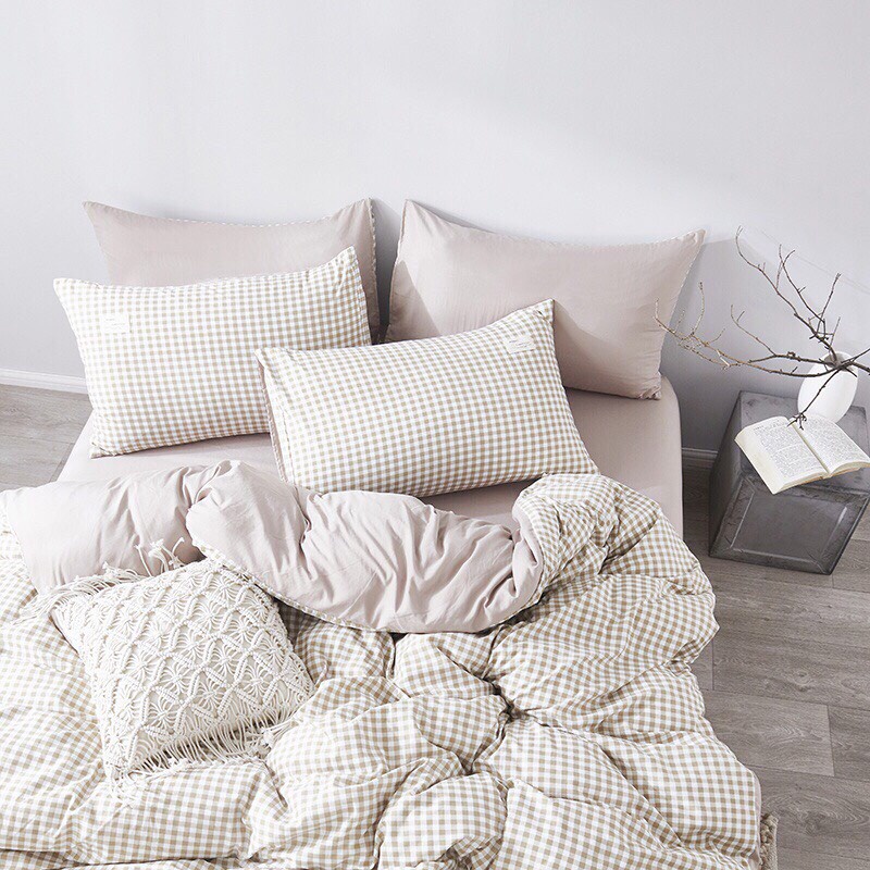 Bộ chăn ga gối cotton tici kẻ VIE HOME bedding, họa tiết kẻ dễ thương