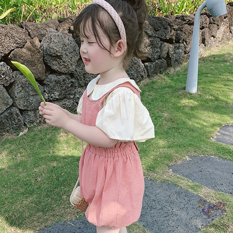 Bộ áo kiểu ngắn tay + quần yếm phong cách Hàn Quốc thời trang mùa hè cho bé gái