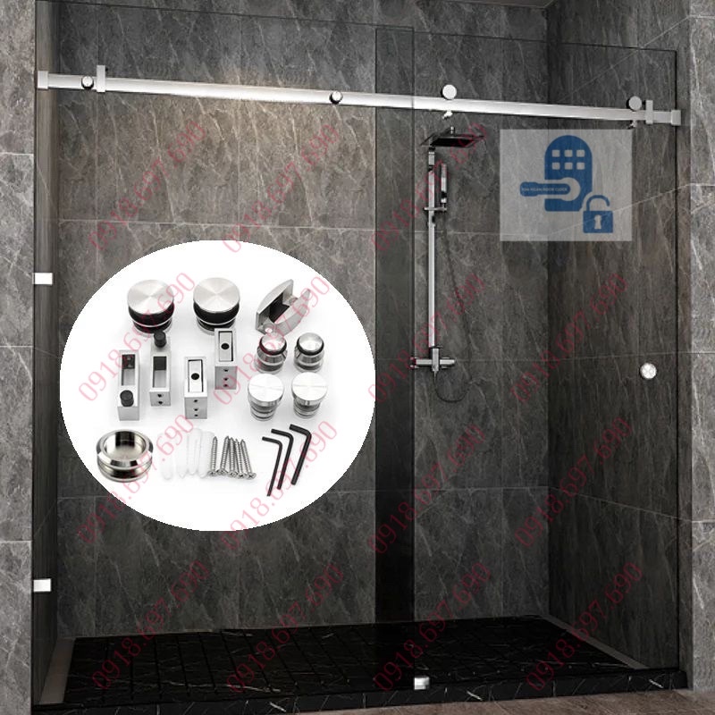 Bộ bánh treo cửa trượt lùa kính nhà tắm chạy trên cây inox hộp