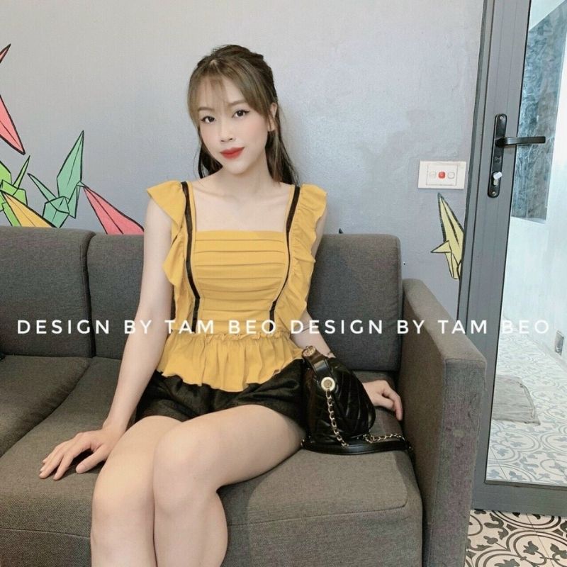 Áo kiểu nữ sát nách họa tiết xếp ly cánh tiên chất đũi mền mát PANOSI - Mã A619