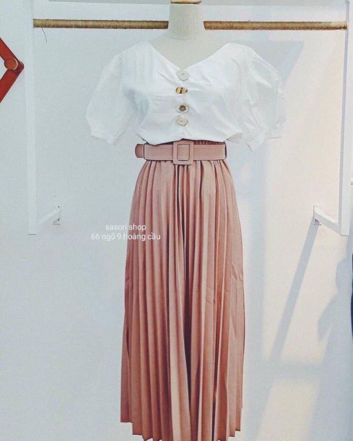 Chân váy xếp li kèm đai vuông hàng QC