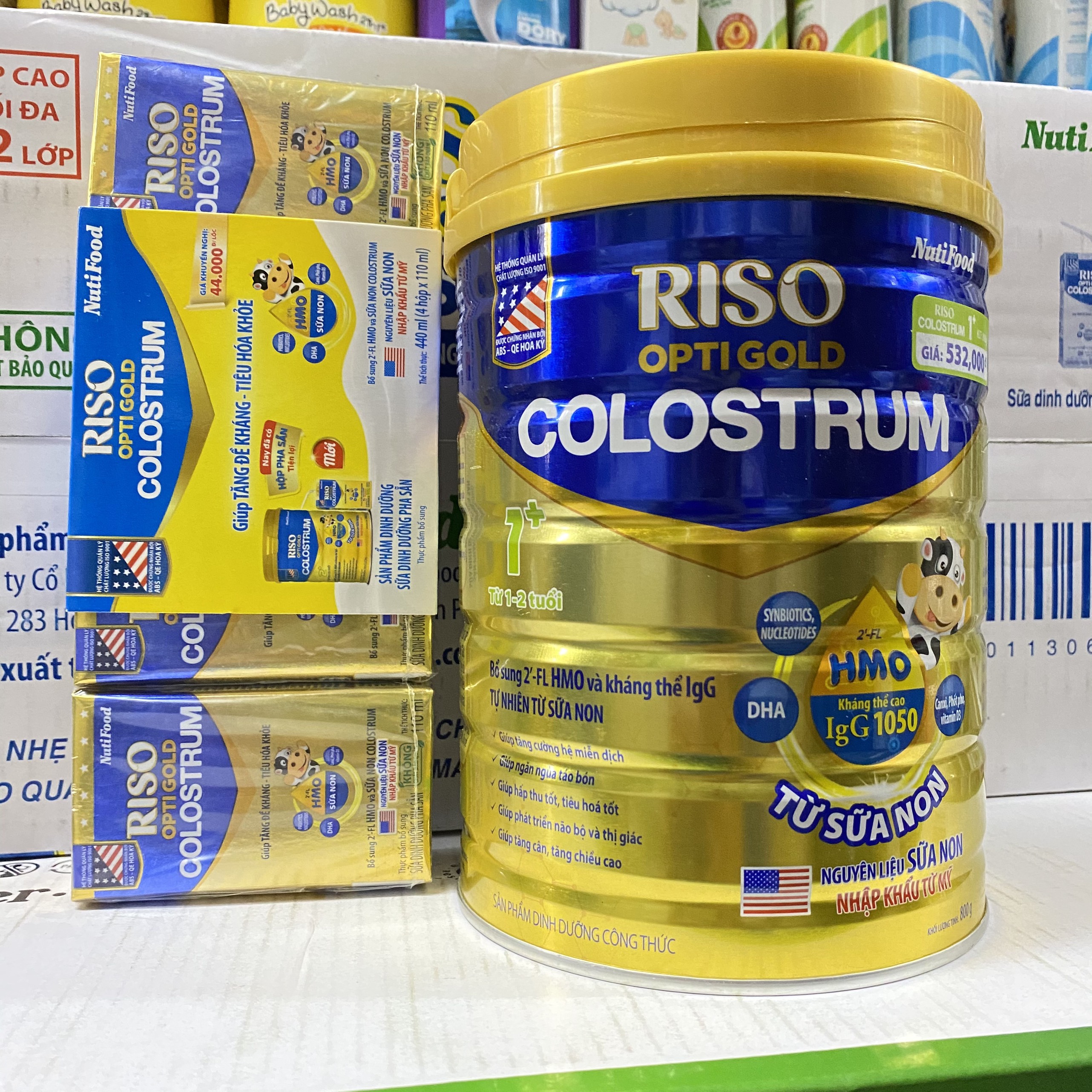 [DATE 2023] Sữa Riso Opti Gold Colostrum 1+ lon 800g + 4 Hộp sữa pha sẵn 110ML RISO COLUSTRUM