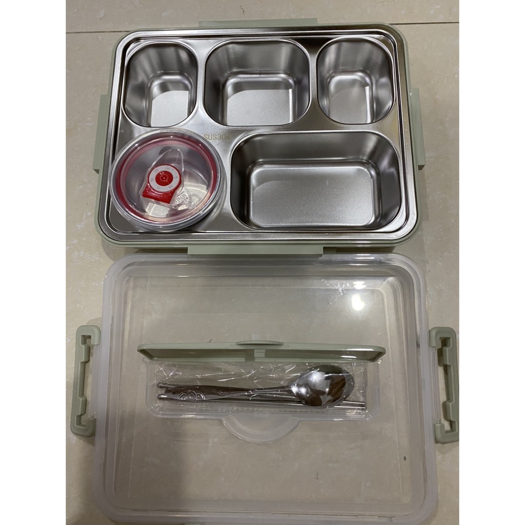 Hộp Cơm Văn Phòng Inox Bọc Nhựa 5 Ngăn Chịu Nhiệt Lò Vi Sóng Gọn Nhẹ Cao Cấp Kèm Bộ Thìa Đũa Inox