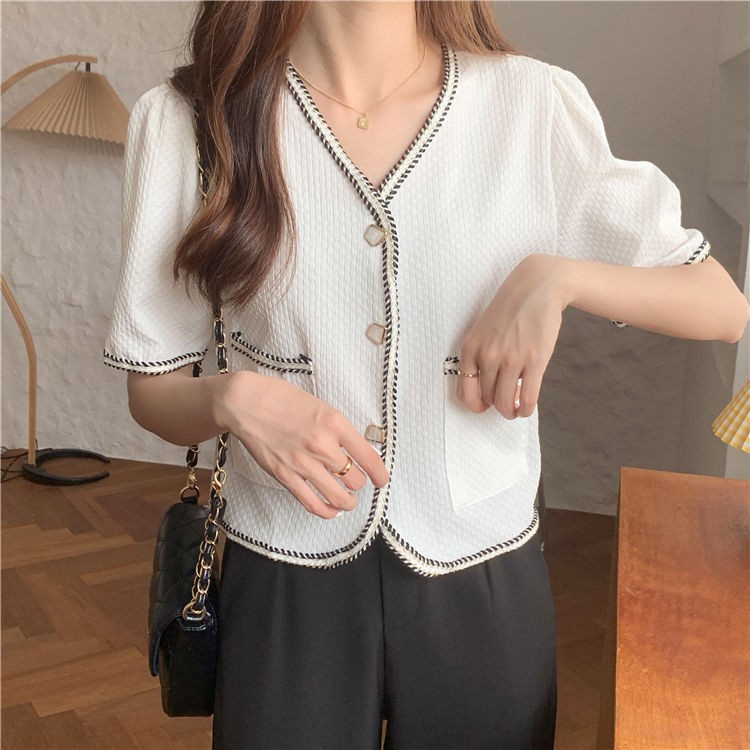 Áo Khoác Blazer Tay Ngắn Cổ Chữ V Dáng Rộng Thời Trang Mùa Hè Cho Nữ Áo Croptop