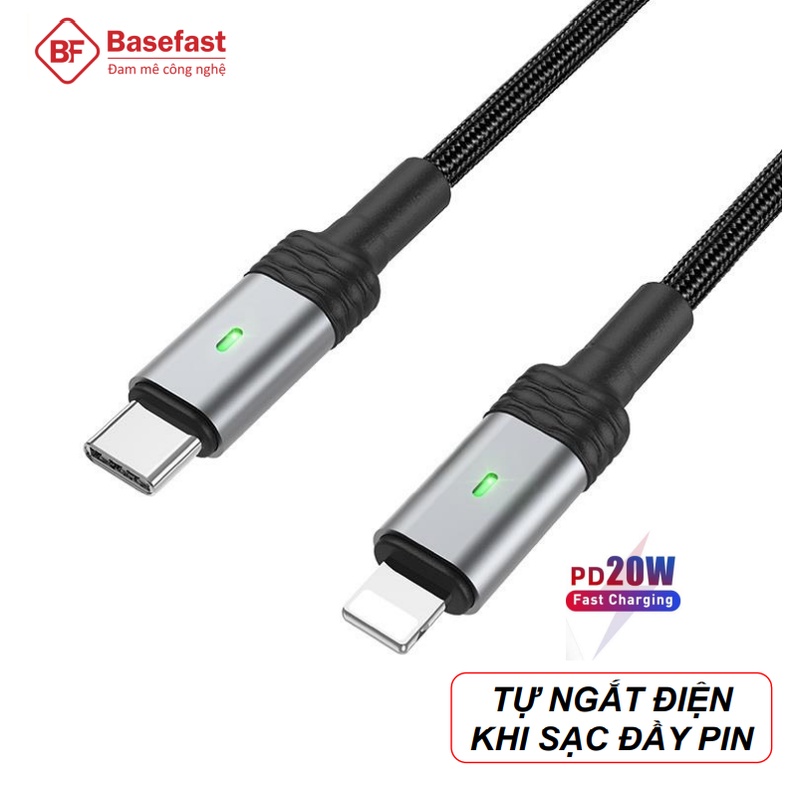 Cáp sạc IP 20W Tự ngắt điện khi đầy pin Basefast - Dây bọc dù báo đèn LED Type C to IP 11 12 13 14 Pro Max