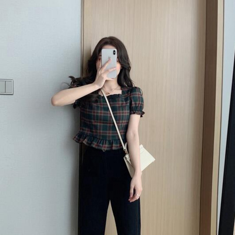 Áo cổ vuông họa tiết sọc ca rô tay ngắn phong cách retro sành điệu trẻ trung