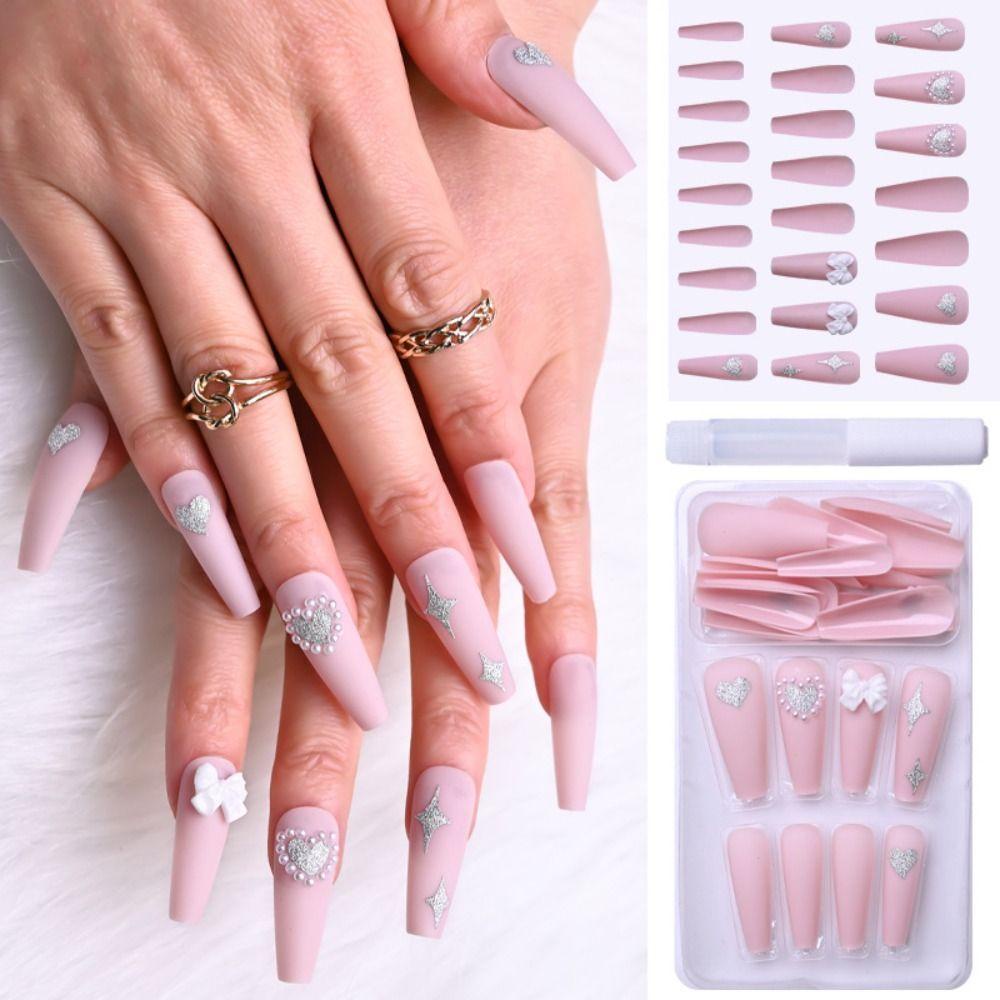 ESPO Bộ 24 Móng Tay Giả Dạng Nhấn Bằng Kim Loại Che Phủ Toàn Diện Họa Tiết Chim Công / Trái Tim /