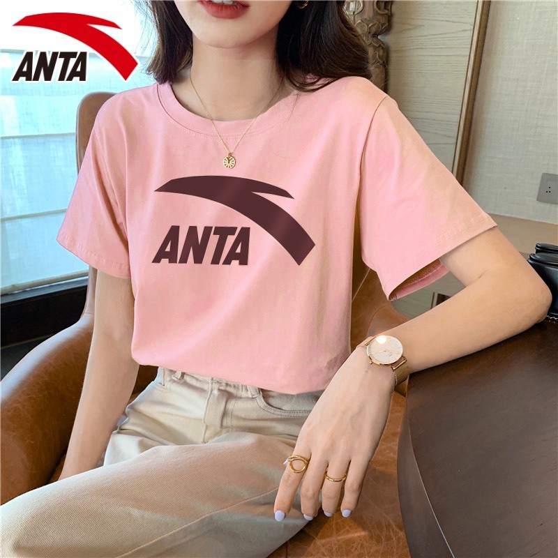 ☊☃☊Anta Women s 2021 Summer New Half Sleeve Big Logo Đồ thể thao Học sinh Màu hồng Top White Áo phông ngắn tay Nữ