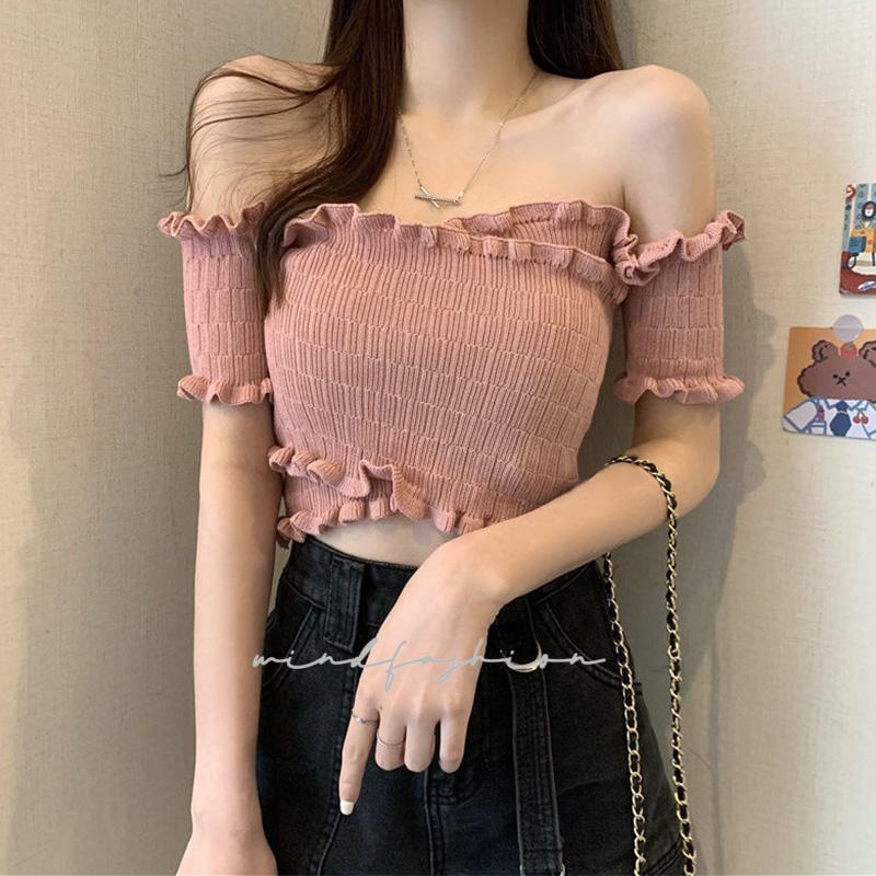 Áo dệt kim ngắn tay phong cách hàn quốc áo ngắn tay xéo vai gợi cảm ngọt ngào nhiều màu sắc