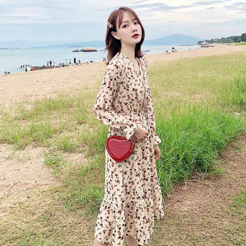 Đầm hoa nữ tay dài kiểu Hàn Quốc dịu dàng đáng yêu