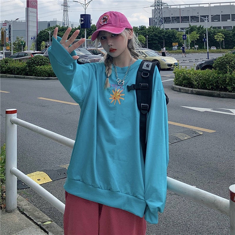 ZHELIHANGFEI Áo Thun Tay Dài Form Rộng Họa Tiết In Theo Phong Cách Mỹ