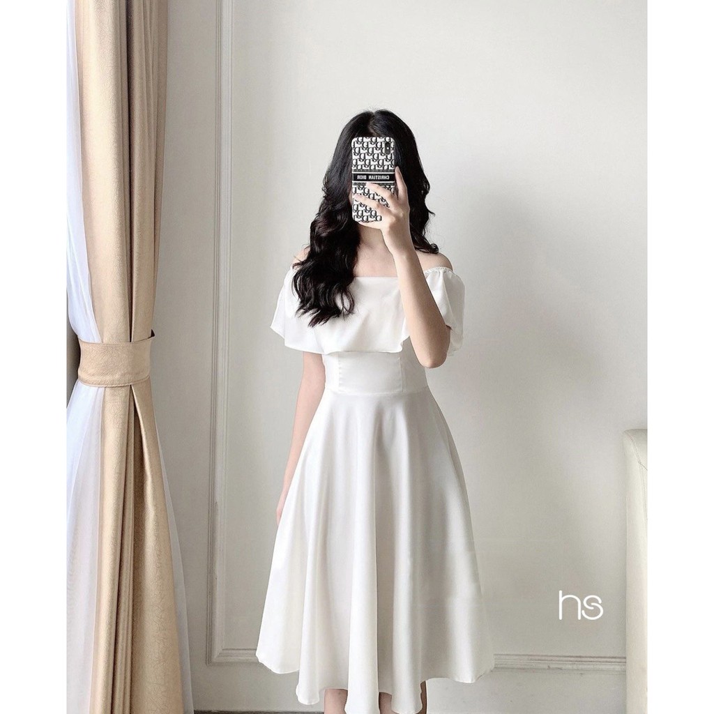 Đầm Trắng Nữ Chun Vai Cổ Vuông 🦋 Váy Nữ Eo Thun Cộc Tay Chất Đũi Dáng Xòe 🦋