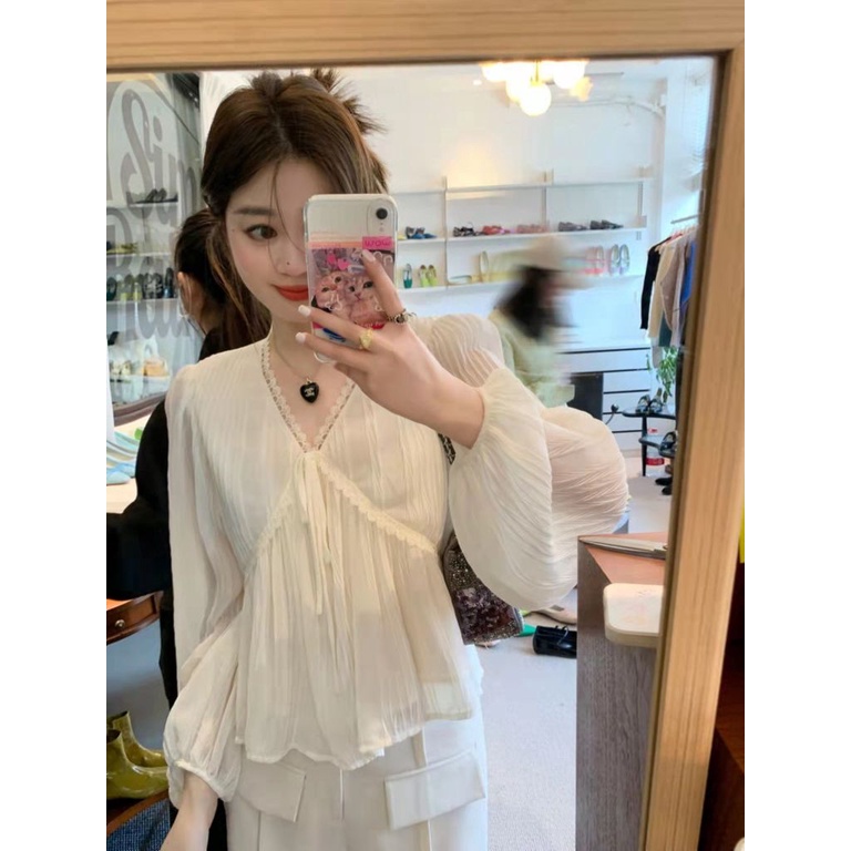 Áo Sơ Mi chiffon Mỏng Tay Dài Cổ Chữ v Phối Ren Phong Cách Hàn Quốc Mới Dành Cho Nữ