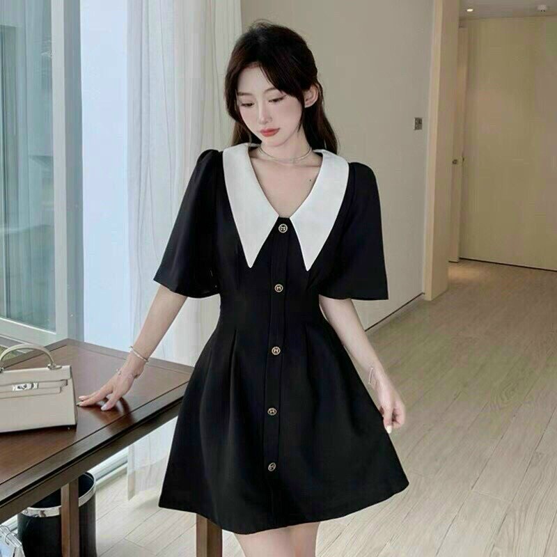 [ Miễn Phí Ship 2022 ] Đầm kiểu cổ cánh bướm phối cúc, đầm nữ kate kiểu dáng Hàn Quốc