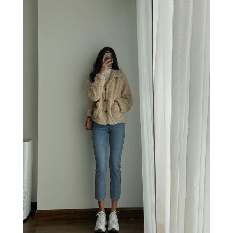 Quần jean xanh cạp cao basic (Ảnh thật)