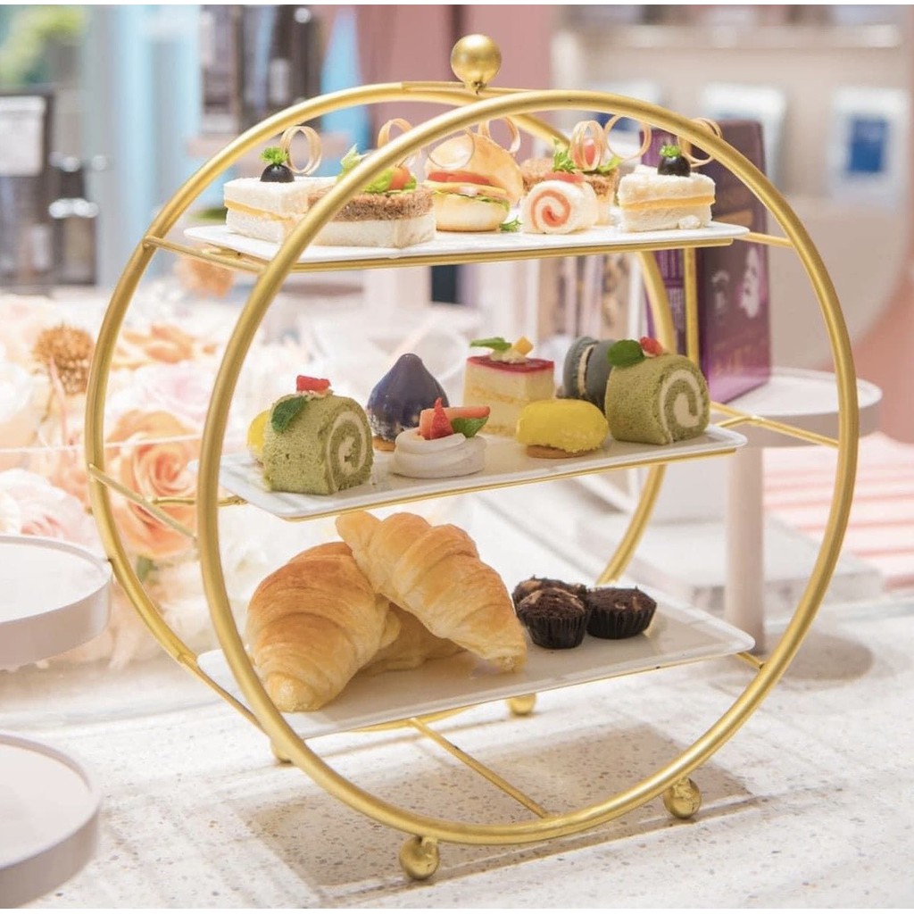 Khay bánh tròn trang trí 3 tầng đĩa sứ, giá để bánh bàn tiệc, khay bánh sắt trang trí tiệc cưới
