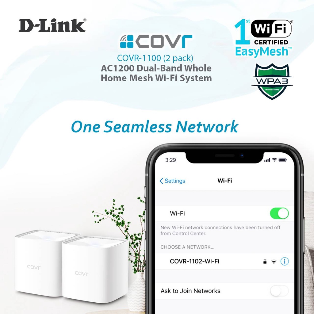 D-LINK COVR-1100-3 (3-Unit) Gigabit - Bộ phát Wi-fi Mesh băng tần kép chuẩn AC1200 Whole Home Mesh Gigabit