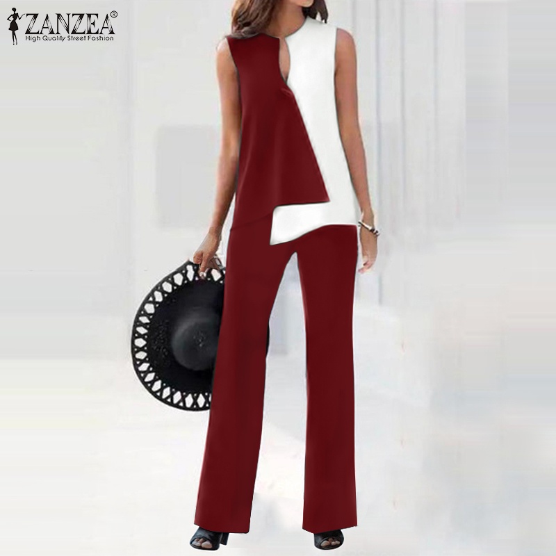 Set quần áo 
ZANZEA 2 món gồm áo cổ tròn không tay + quần dài ống rộng lưng co giãn thời trang cho nữ